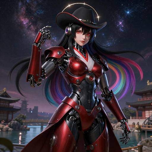 Mecha Kimono Sentinel Under Starry Sky