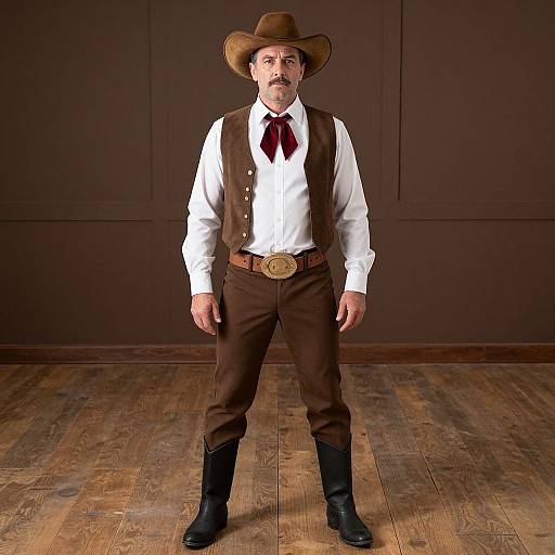 Photograph of a man in cowboy attire: brown vest, white shirt, red tie, brown pants, black boots, and brown hat, standing on