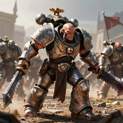 CGI image of a bald, muscular, armored warrior with a cross on his shoulder, wielding a large sword and axe in a dusty, sunlit