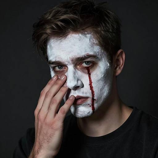 Man with White Face Paint and Blood Tears