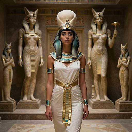 Photorealistic digital artwork of an Egyptian woman in traditional attire, standing before ancient statues, wearing a white dress and striped headdress, with gold and