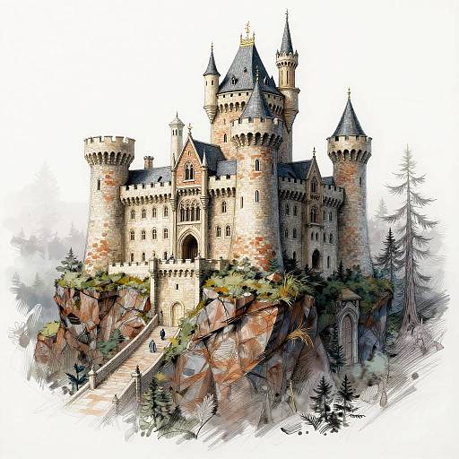 Digital illustration of a grand medieval castle with multiple towers, turrets, and arched windows, perched on a rocky cliff surrounded by trees.