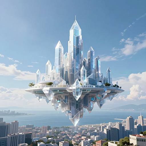 Digital artwork of a futuristic, crystal-like floating cityscape with reflective skyscrapers, palm trees, and a vibrant blue sky above a coastal city.
