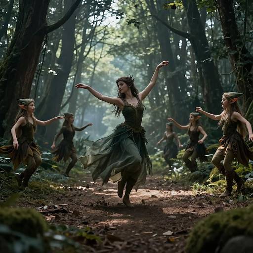 Mythical Fairy and Elves Dancing in Forest