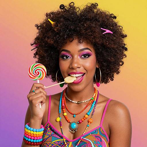 Photograph of a smiling Black woman with curly hair, colorful makeup, and vibrant clothing, holding a rainbow swirl lollipop against a gradient yellow-purple background