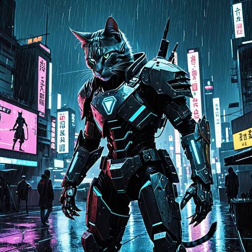 Cybernetic Feline Warrior in Neon Rain