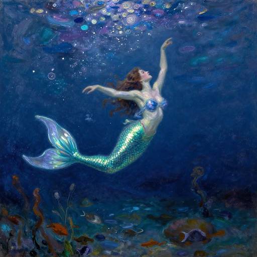 Digital painting of a shimmering green mermaid with flowing hair, arms raised, swimming in a vibrant, blue underwater ocean scene.