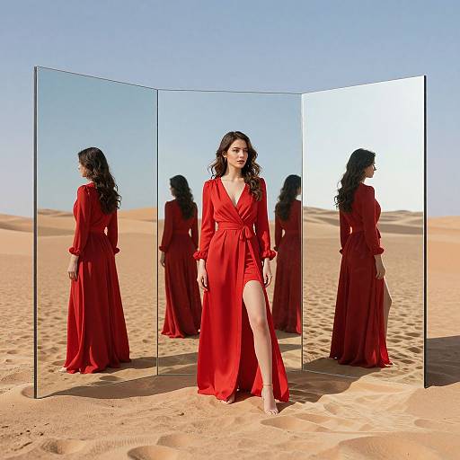 Photograph of a woman with long black hair in a red, V-neck, long-sleeve dress with a high slit, standing in a desert