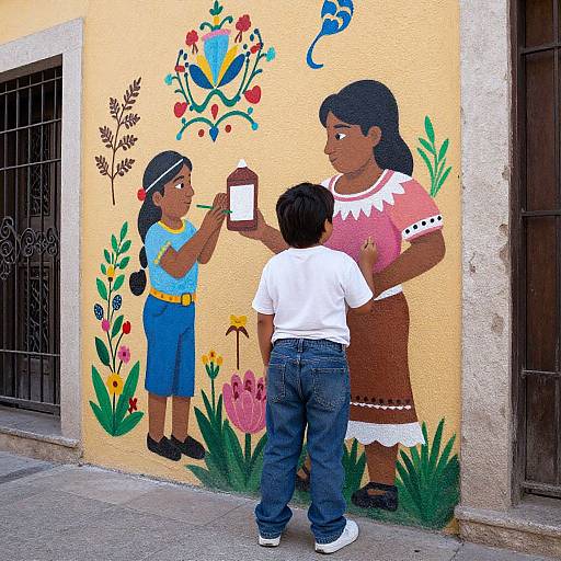 Vibrant mural of a brown-skinned woman in pink dress, holding a paper, with two children, one in blue, one in white,