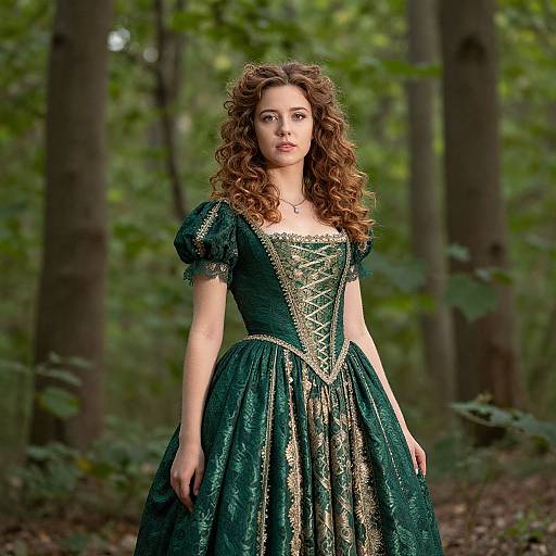 Photograph of a young woman with curly brown hair, wearing a dark green, ornate Renaissance-style dress, standing in a lush, forested background