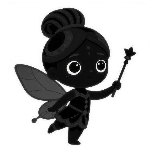Chibi-style black fairy silhouette with large white eyes, bun hairstyle, delicate wings, and wand, floating on a white background.