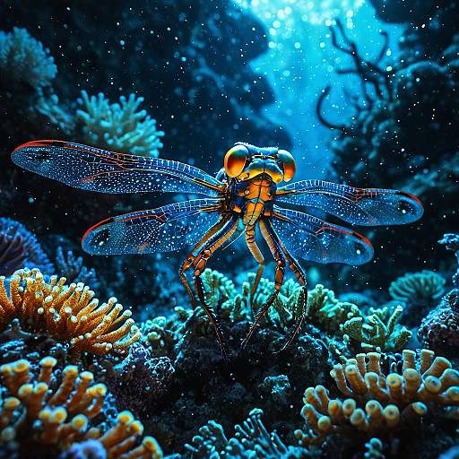 Crystalline Dragonfly-Octopus Hybrid in Bioluminescent Coral Reef