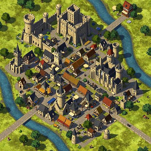 Isometric pixel art of a medieval castle town with colorful roofs, stone buildings, rivers, and green grass, surrounded by trees.