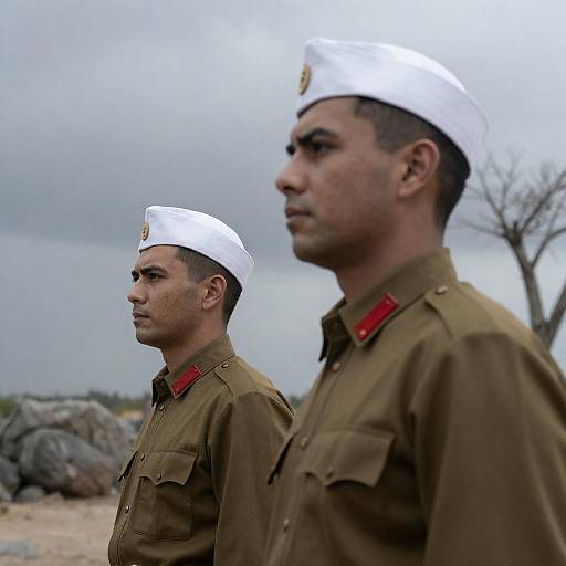 Two Men in Military Uniforms with White Caps