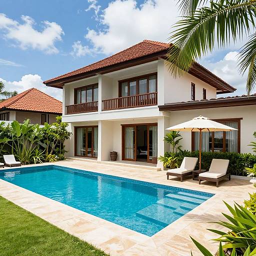 Photograph of a two-story Mediterranean-style villa with red-tiled roof, white walls, balconies, pool, beige lounge chairs, white umbrella,