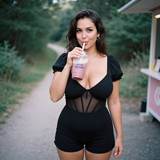 Photograph of a curvy woman with dark hair, large breasts, wearing a black, sheer bodysuit, sipping a bubble tea on a