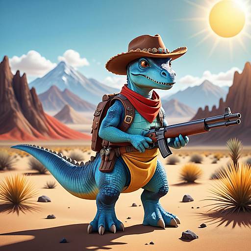Cartoon Dinosaur Cowboy with Rifle in Desert
