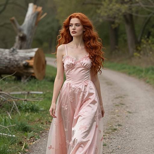 Redhead Woman in Pink Gown on Forest Path