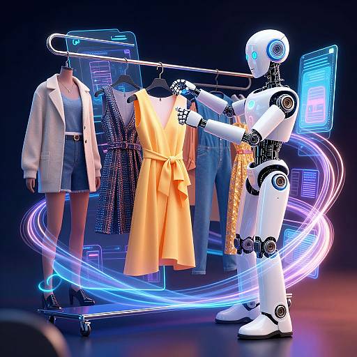 CGI image of a white humanoid robot hanging clothes on a rack, featuring a yellow dress and a grey blazer, with neon blue light trails and