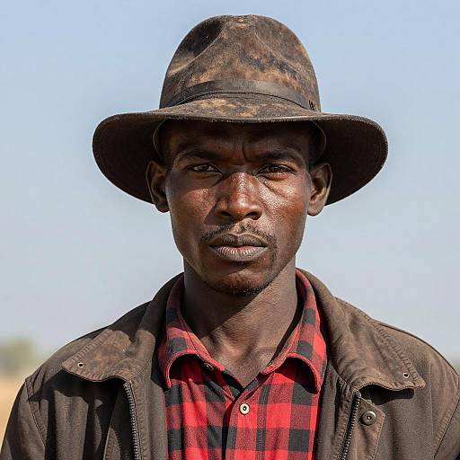 Serious Man in Worn Hat and Jacket