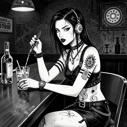 Black-and-white digital drawing of a tattooed, goth woman with long black hair, wearing headphones, leather outfit, and choker, smoking while