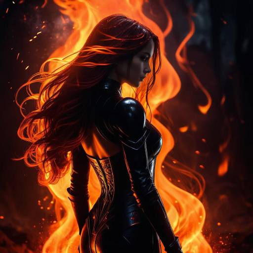 Woman in Black Armor with Fiery Background