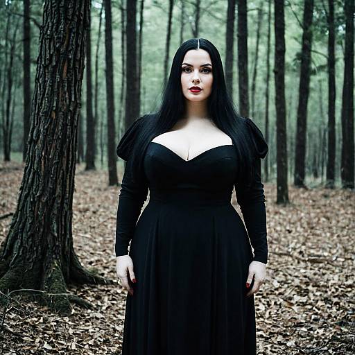 Plus Size Woman in Black Dress in Forest