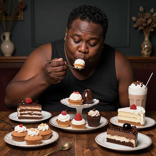 Photograph of a muscular Black man in a black tank top, eating a spoonful of whipped cream cake, surrounded by various desserts on a wooden table