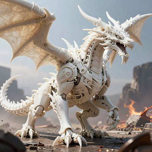 Detailed Biomechanical White Dragon Sculpture