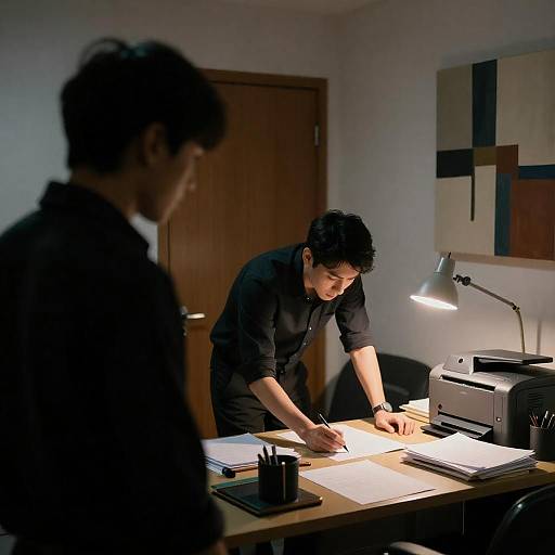Dimly Lit Office with Focused Workers