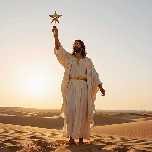 Photograph of a bearded man with dark hair, wearing a white robe and golden belt, holding a star aloft in a sunlit desert.