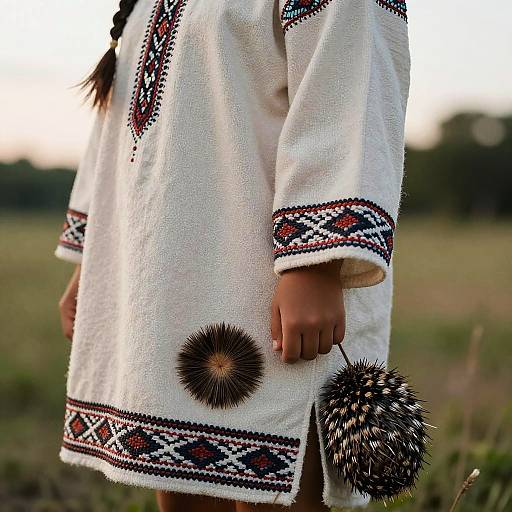 Photograph of a child in a white traditional dress with black and red geometric patterns, holding a black spiky pom-pom. Field background at sunset