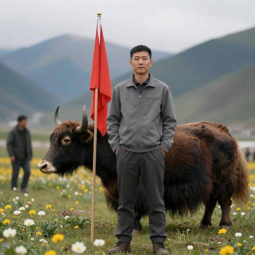 Man and Yak in Floral Meadow