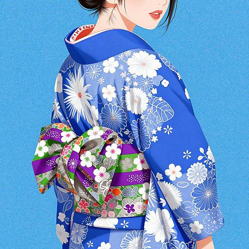 Digital illustration of a Japanese woman in a blue floral kimono, with a multicolored obi, against a bright blue background. Her black hair