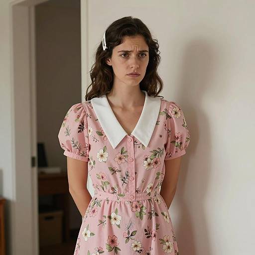 Thoughtful Woman in Floral Dress