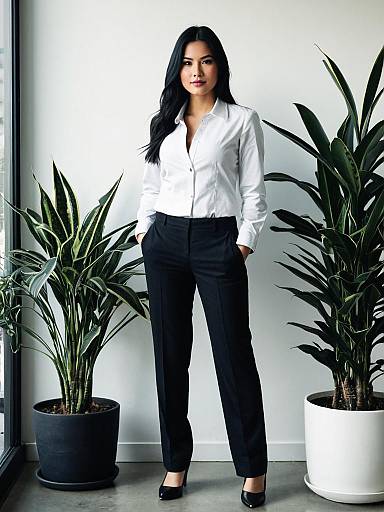 Photograph of an Asian woman with long black hair, wearing a white blouse and black pants, standing between two potted plants.