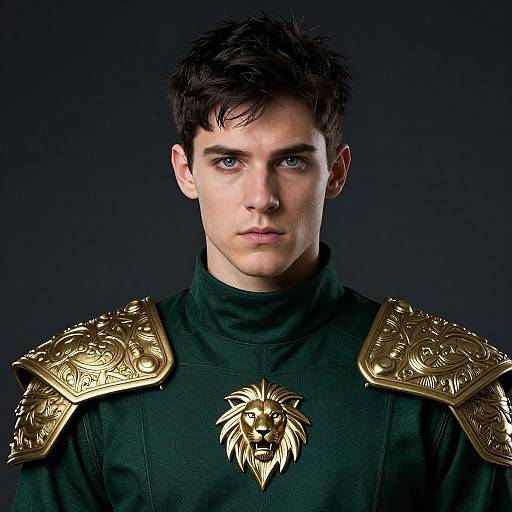 Photograph of a serious young man with short black hair, blue eyes, wearing a black turtleneck and ornate gold lion-shoulder armor