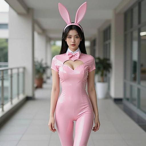 Photorealistic Woman in Pink Bunny Costume