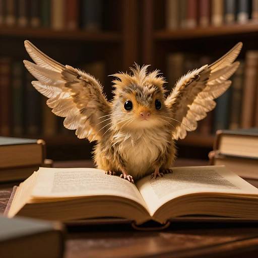 Photograph of a fluffy, winged hamster with brown and white fur, sitting on an open book in a dimly lit library, surrounded by