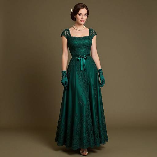 Photograph of a fair-skinned woman with dark hair in an elegant, dark green lace gown, matching gloves, pearl necklace, and a subtle smile