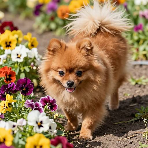 Brown Pomeranian Mix in Flower Garden
