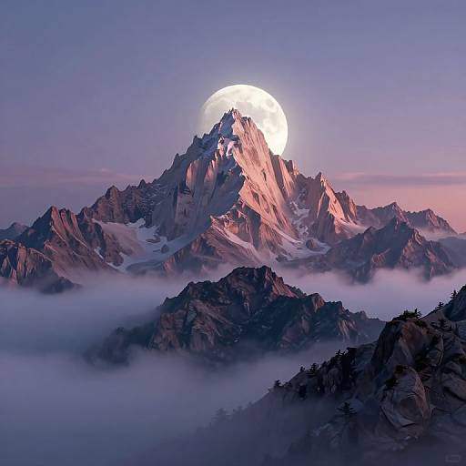 Photograph of a rugged mountain peak bathed in sunset light, with a glowing full moon partially behind it, shrouded in mist and surrounded by