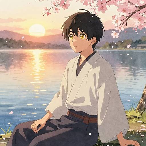 Anime Boy by Tranquil Lake Sunset