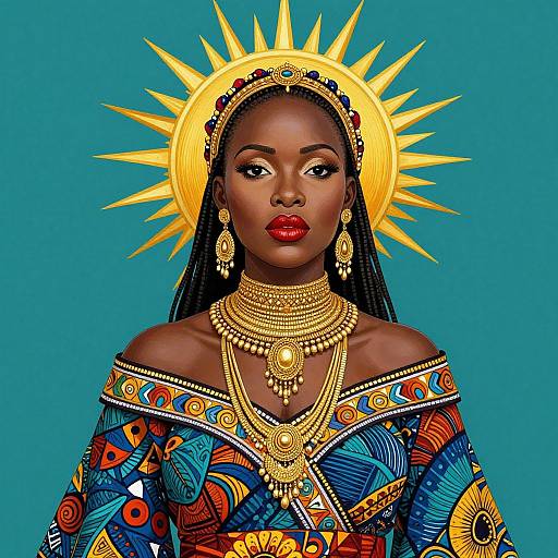 Digital illustration of a regal Black woman with dark skin, red lips, gold sun halo, intricate jewelry, and vibrant, patterned dress against turquoise