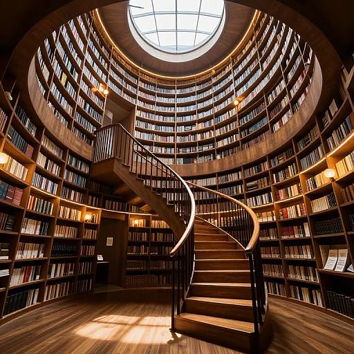 Photograph of a grand, circular library with a spiral staircase, towering bookshelves, warm lighting, and a skylight ceiling.