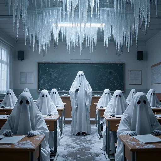 Photograph of a classroom with nine people dressed as ghostly figures with white sheets and black eyes, standing and sitting at desks, under hanging icicle