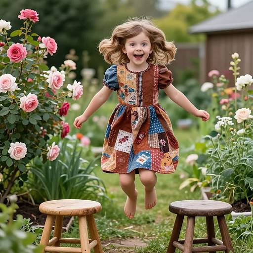 Photograph of a joyful, blonde-haired girl with curly hair, wearing a colorful patchwork dress, jumping between two wooden stools in a vibrant, blo