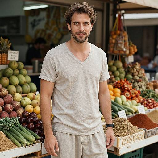 Photograph of a handsome, bearded man with wavy brown hair, wearing a white V-neck T-shirt and beige pants, standing in front of