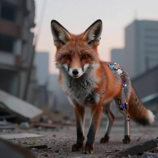 Bionic Fox in Dusk Urban Ruins