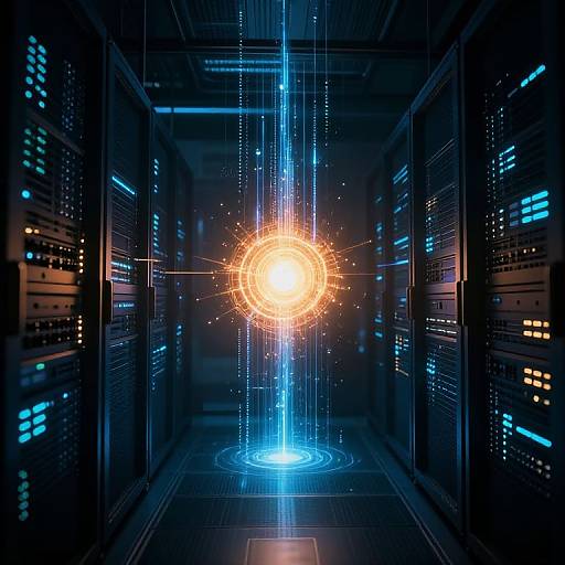 Digital artwork of a futuristic server room with glowing blue and orange lights, vertical lines, and illuminated circuitry on black servers.